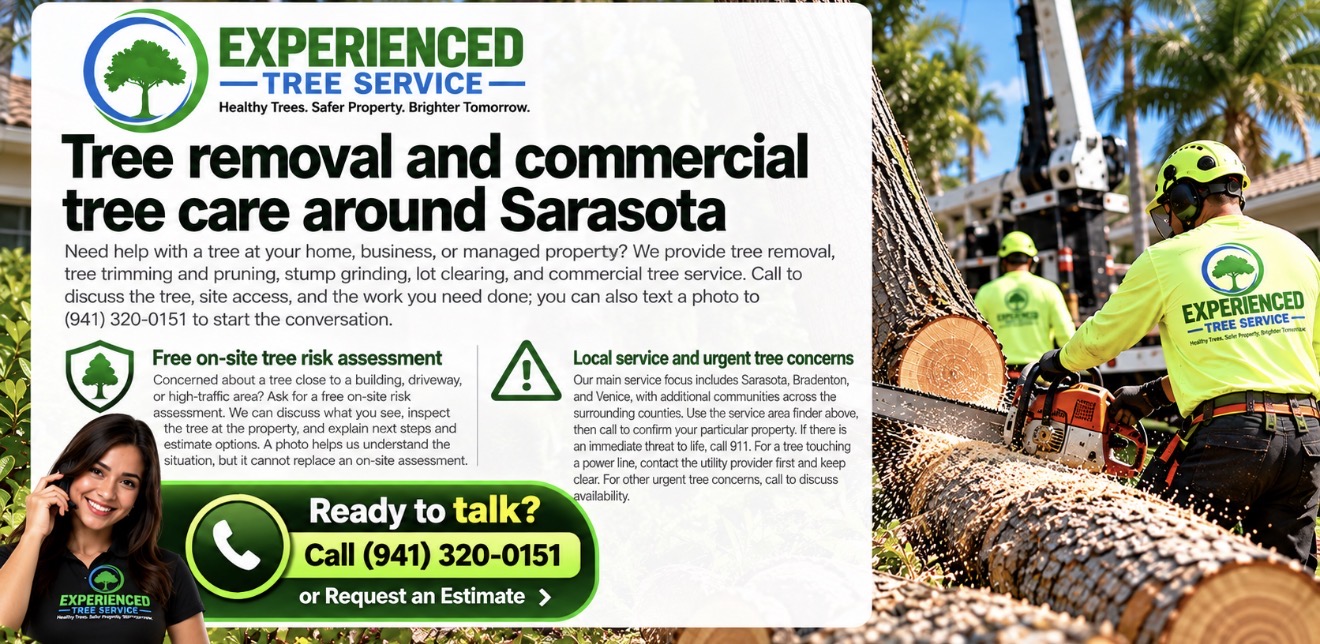 Experienced Tree Service tree removal and commercial tree care around Sarasota, free on-site tree risk assessment and call to (941) 320-0151