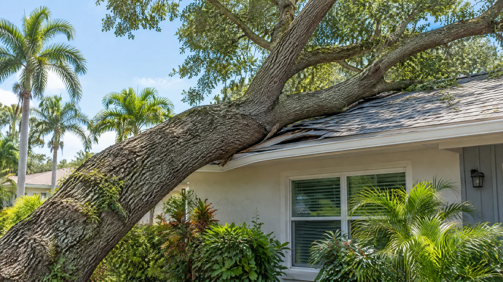 Illustration of a fallen tree against a roof, not a company job photo