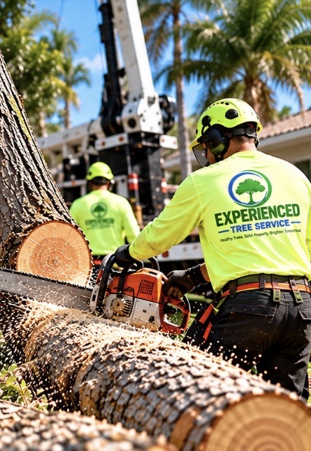 Experienced Tree Service crew working beside a cut tree trunk