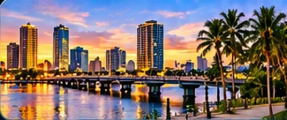 Illustrative sunset skyline, palms and waterfront bridge for Hillsborough County service areas