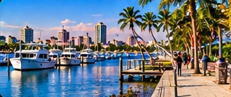 Illustrative marina, palms and waterfront walkway for Manatee County service areas