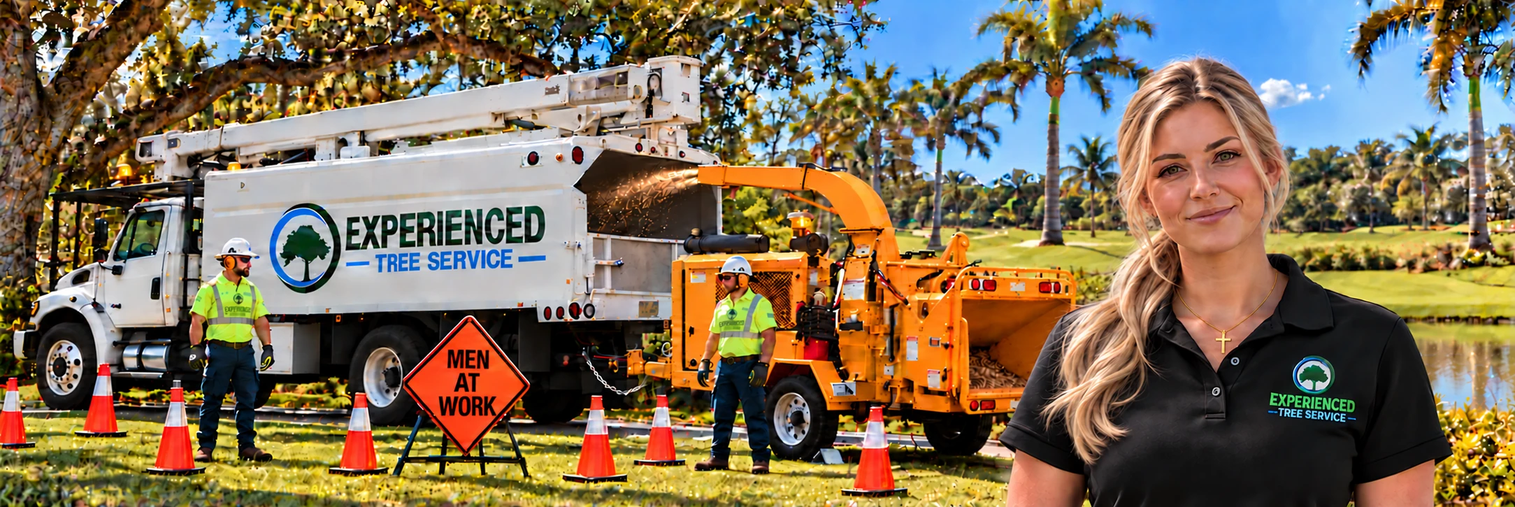 Illustrative blonde AI company representative with Experienced Tree Service LLC crew in PPE, a bucket truck and chipper on a golf course